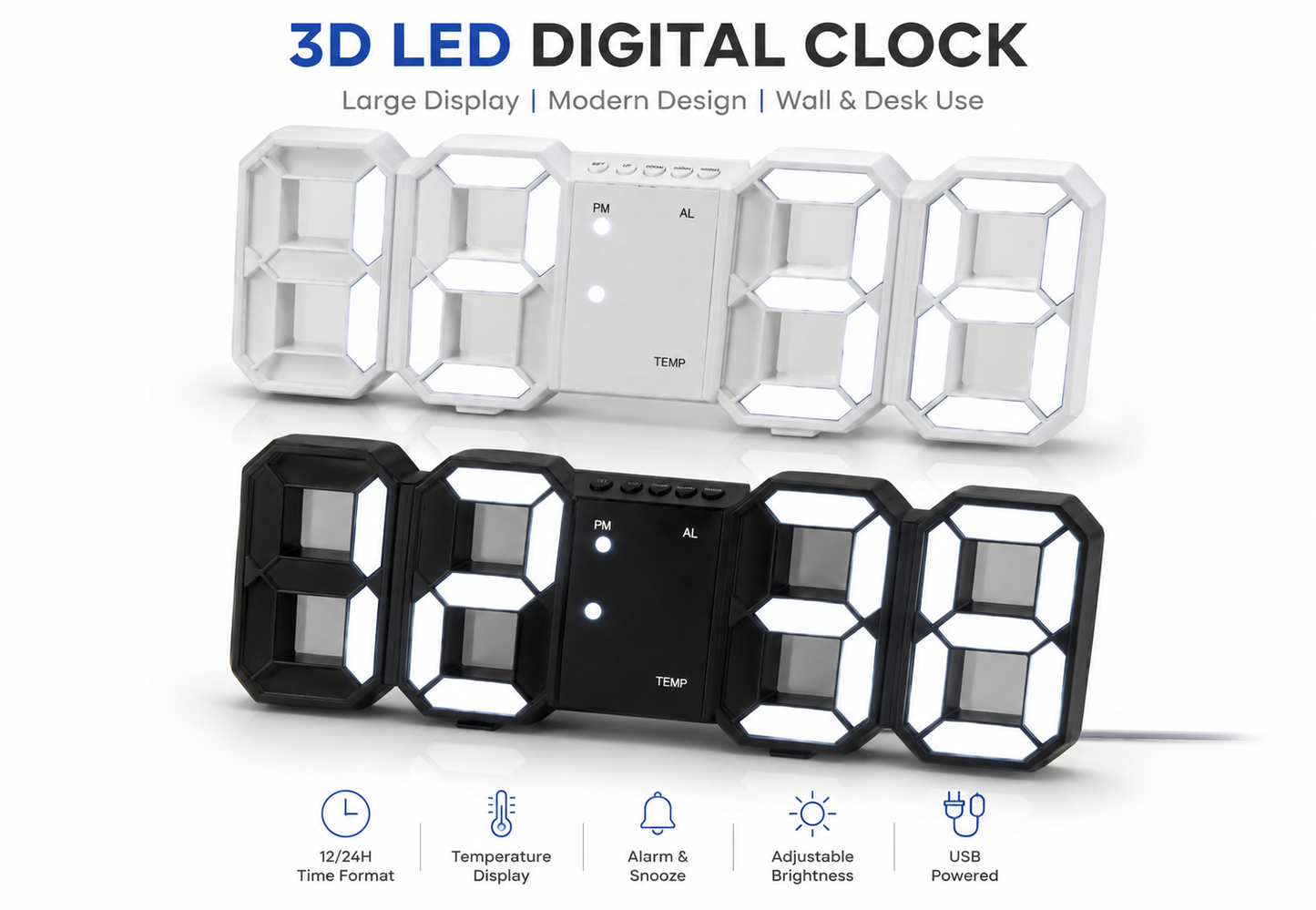 Modern 3D LED Alarm Clock with Temperature Display – Table & Wall Mount