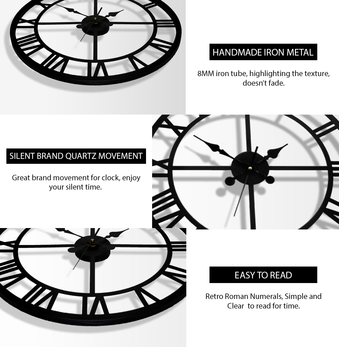 Enrose Premium 15/18 Inch Metal Wall Clock with Roman Numerals for Living Room, Office, Bedroom Decore – Silent Movement Non-Ticking