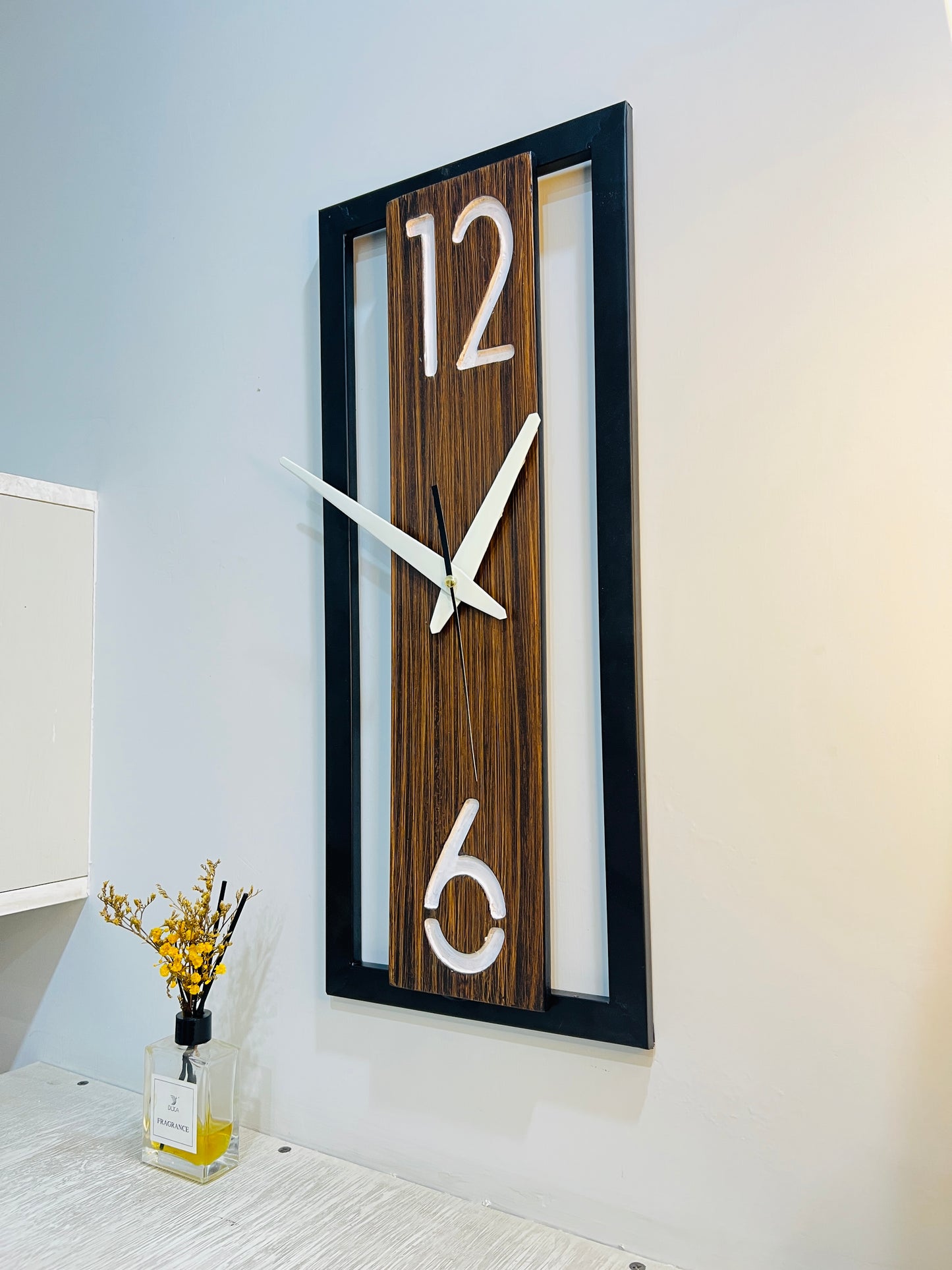 Enrose Handcrafted 20x9 Inch Iron Frame Wall Clock – Woodline Texture Finish