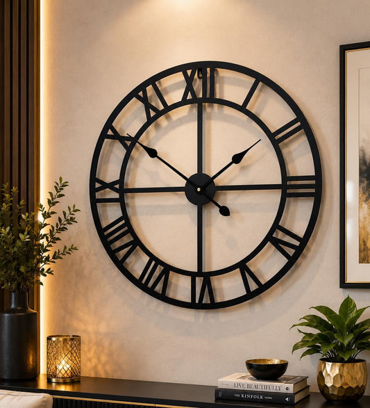 Enrose Premium 24/18 and 15 Inch Metal Wall Clock with Roman Numerals for Living Room, Office, Bedroom Decore – Silent Movement Non-Ticking