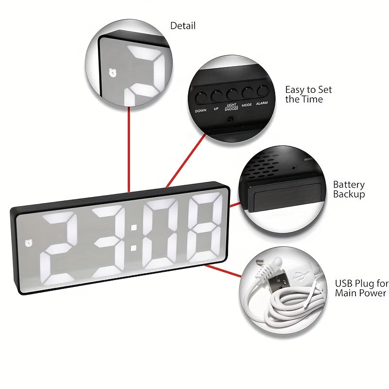 Mirror LED Digital Alaram Clock – Modern Desk & Table Clock with AM/PM Display